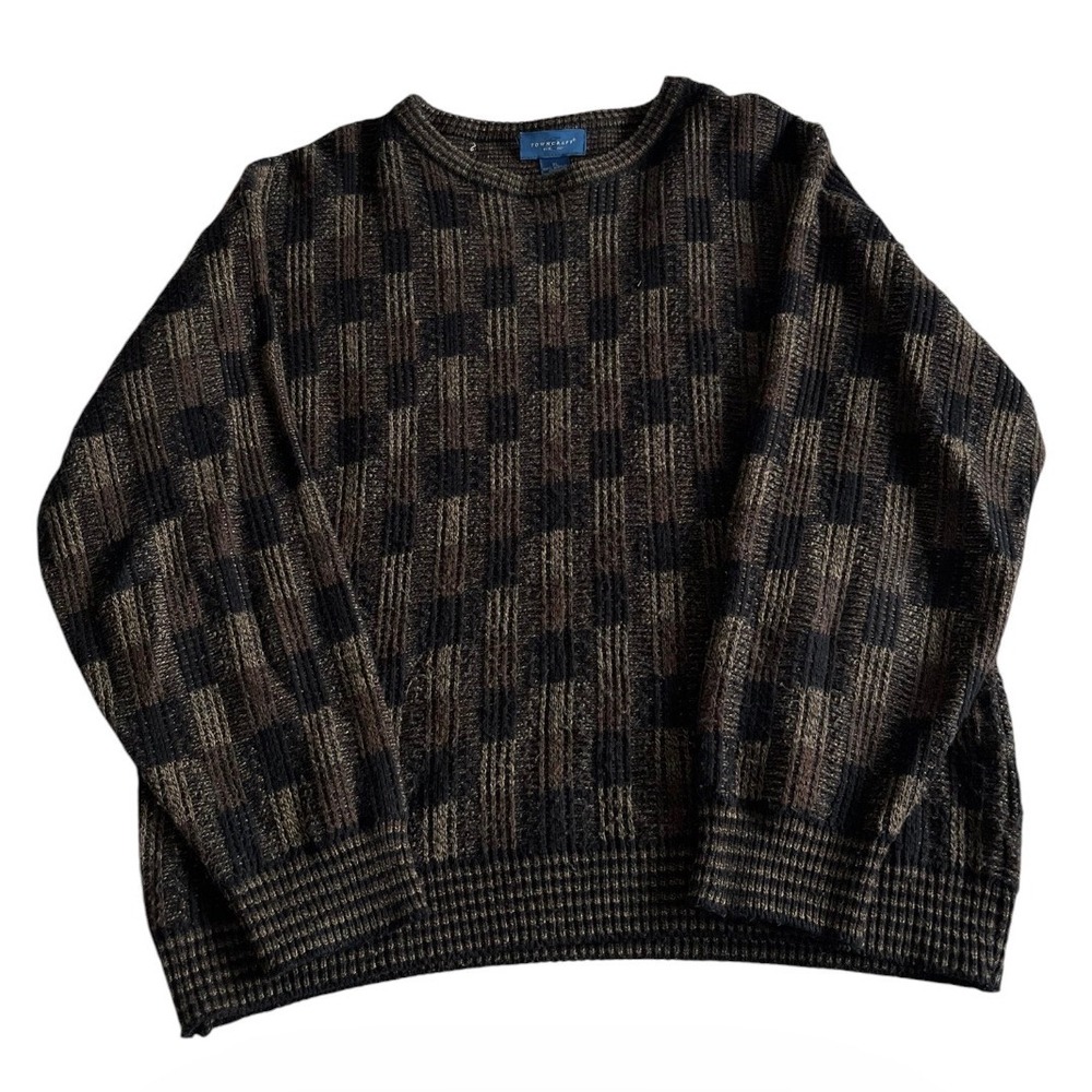 Vintage Towncraft Sweater Mens XL Geometric Knit Crewneck Pullover Brown Black